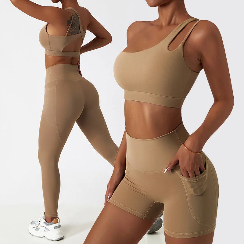 Women 4 Pieces Breathable Activewear Set Widen Straps One Shoulder Sports Bra