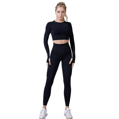 2 PCS/Set Seamless Women Sport Suit Gym Workout Clothes Long Sleeve Fitness Crop Top and Scrunch Butt Leggings Yoga Set