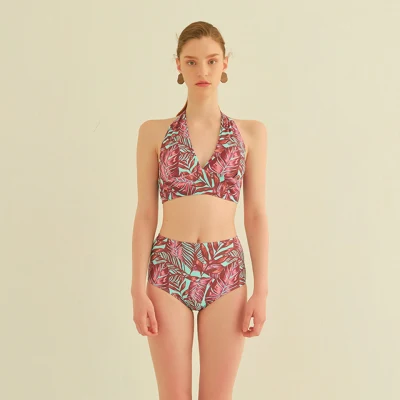 Private Label Women Ruffle-Strap Bikini High Waisted Bikini Custom Floral Print Swimming Suits/Bathing Suit
